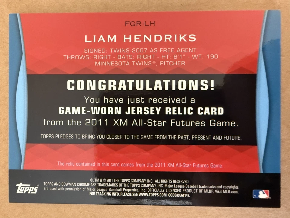 2011 Bowman Draft Picks & Prospects Futures Game Relics Liam Hendriks (MEM, RC) - Image 2 of 2