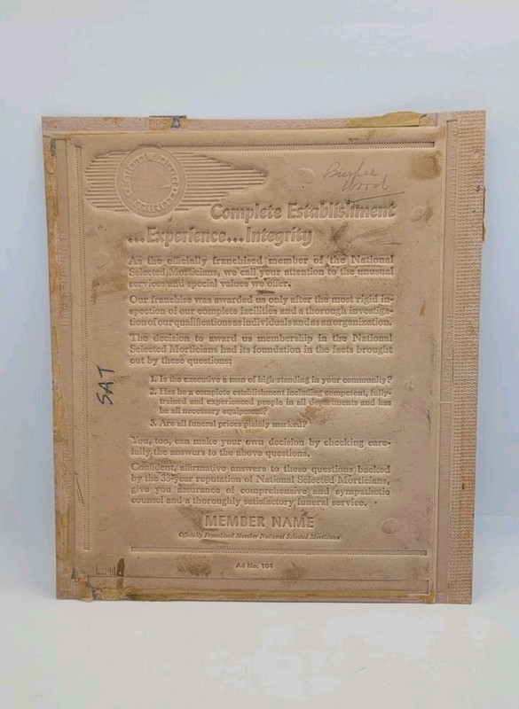 Vintage Printing Mold/Flong Mat Advertising Newspaper Ads  Funeral Home Mortuary