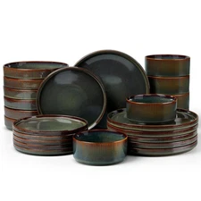Dinnerware Sets with Pasta Bowls, 24 Piece Ribbed Dinnerware Plates and Bowls...