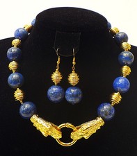 Large lapis lazuli 18 mm necklace & earrings set with Chinese Dragons