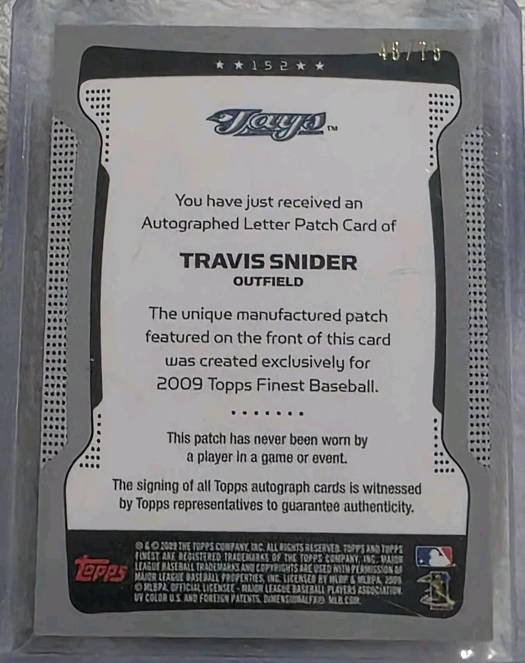 2009 TOPPS FINEST TRAVIS SNIDER LETTERMAN AUTO /75 BLUE JAYS - Image 2 of 2
