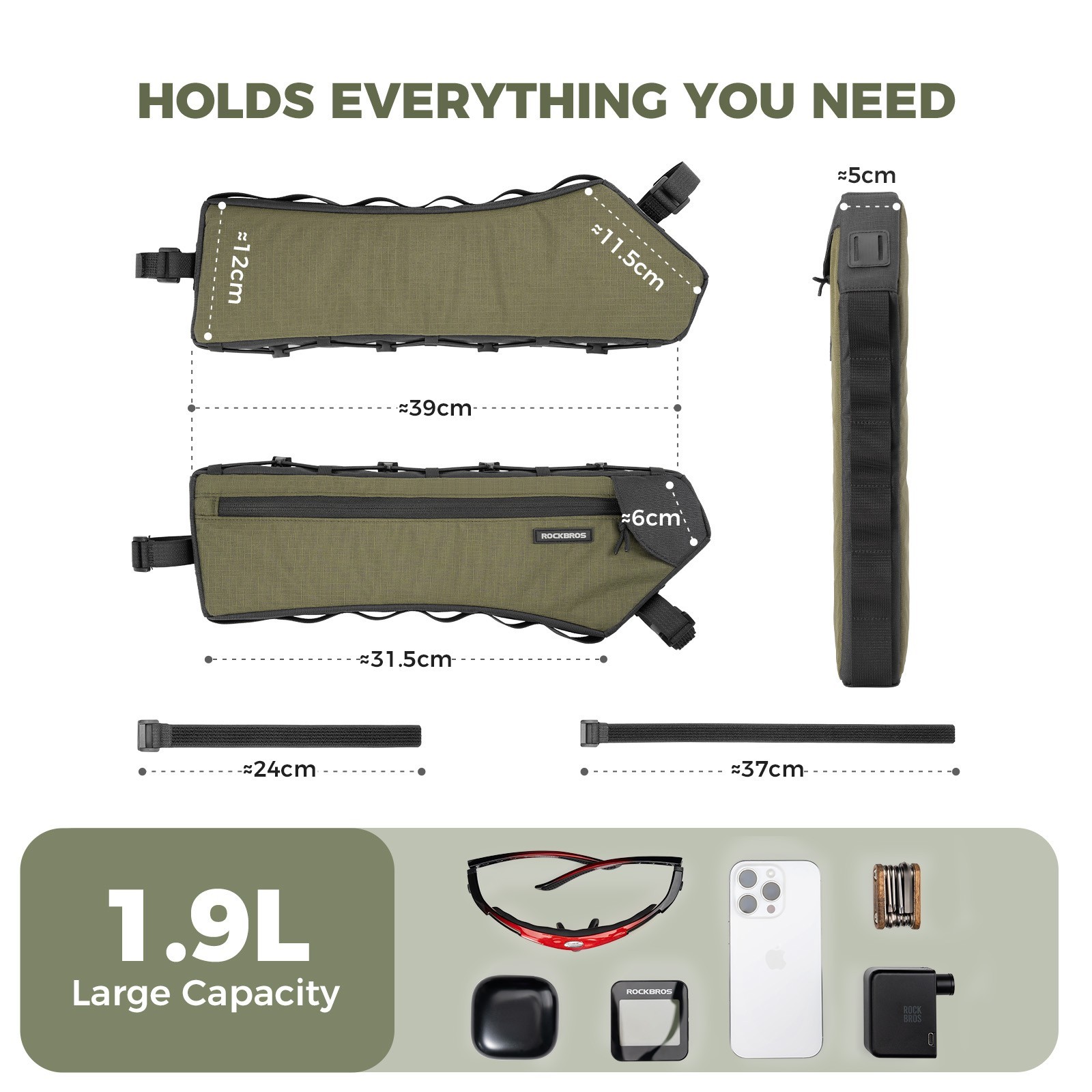 Borsa Telaio Rockbros Verde 1,9 L per Bicicletta foto 2