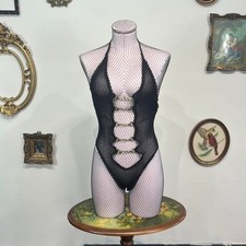 Vintage Shirley of Hollywood Black Mesh Teddy Bodysuit with Gold Hardware Size M