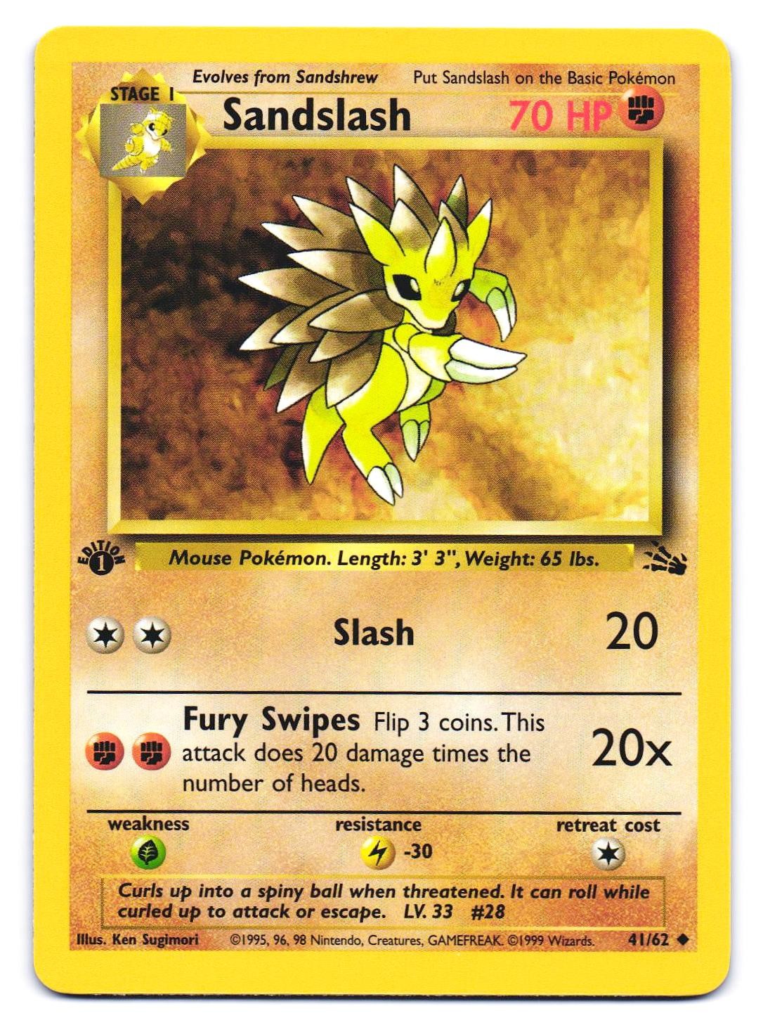 Sandslash 41/62 Uncommon Fossil Pokemon 1st Edition NM