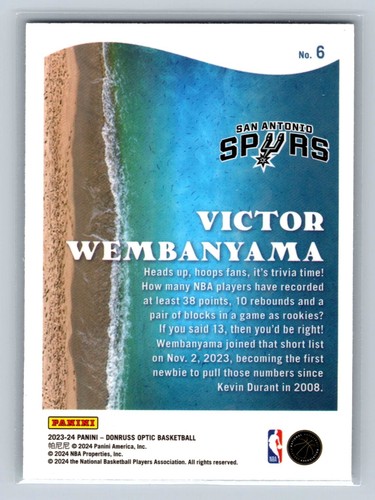 VICTOR WEMBANYAMA 2023-24 Optic Basketball SPLASH RC Insert #6 San Antonio Spurs - Picture 2 of 2