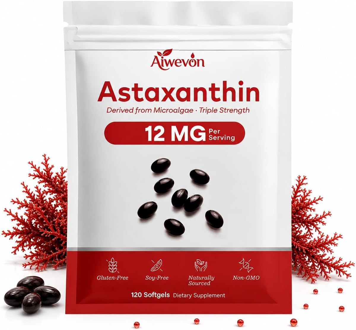 Clean Astaxanthin 12mg Softgels - 120 Count for Comprehensive Health Support
