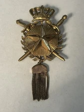 VINTAGE Victorian Revival Gold Tone Heraldic Pin Brooch With Tassel