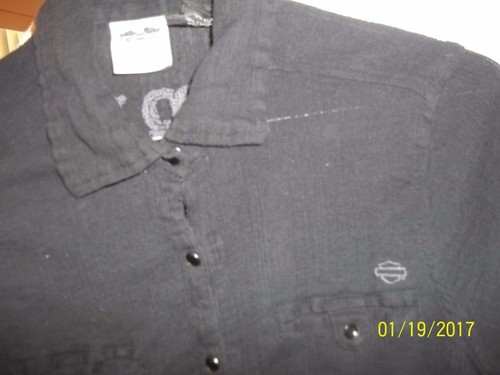 Women SMALL HARLEY DAVIDSON SNAP UP BLACK LIGHTWEIGHT SHOP SHIRT NICE!! BUY - Picture 2 of 3