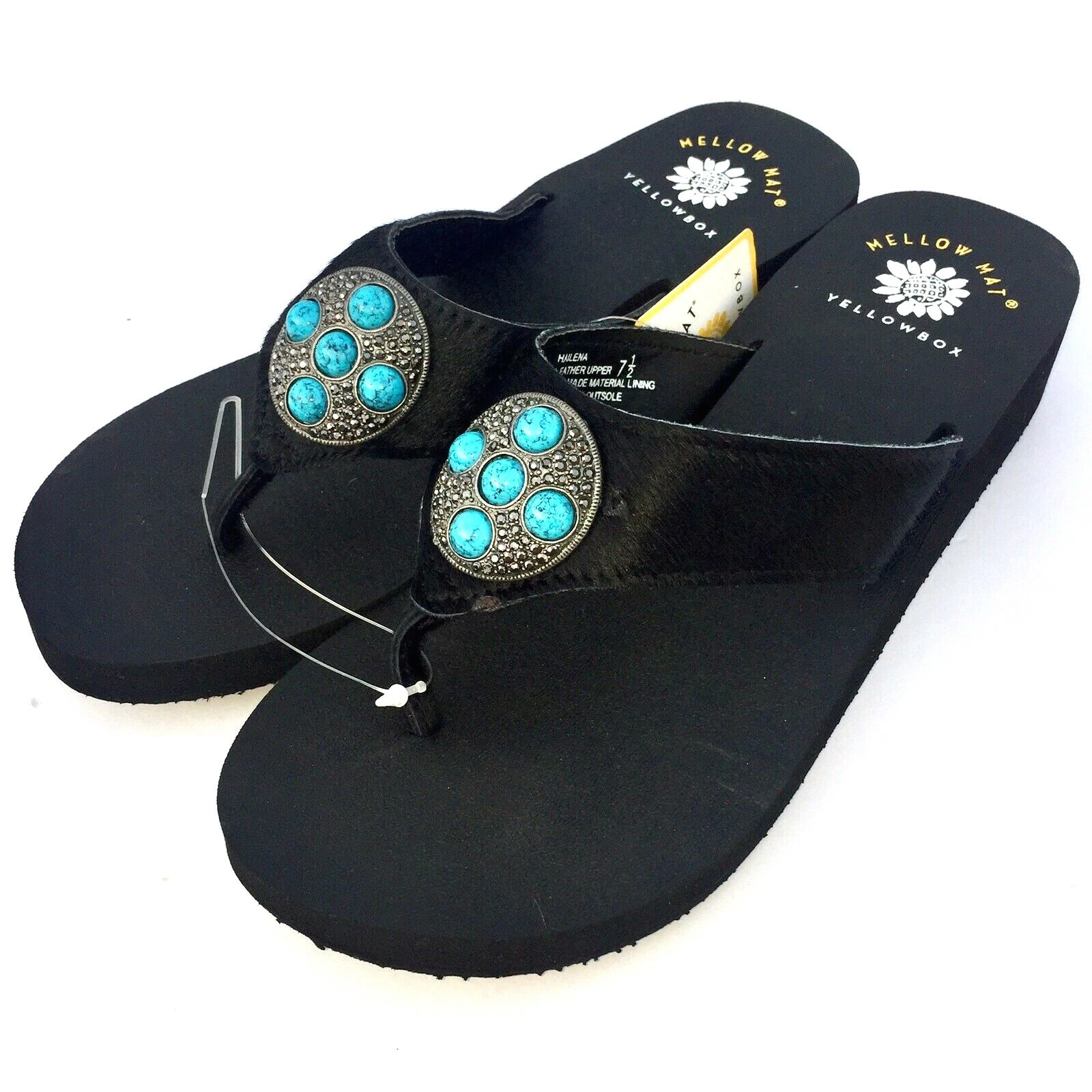 Yellow Box Flip Flops Turquoise Black Rhinestone Sandals Hailena Mellow Mat
