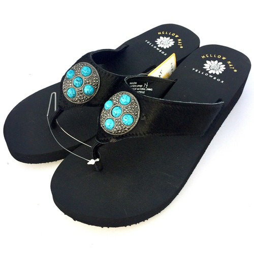 Yellow Box Flip Flops Turquoise Black Rhinestone Sandals Hailena Mellow