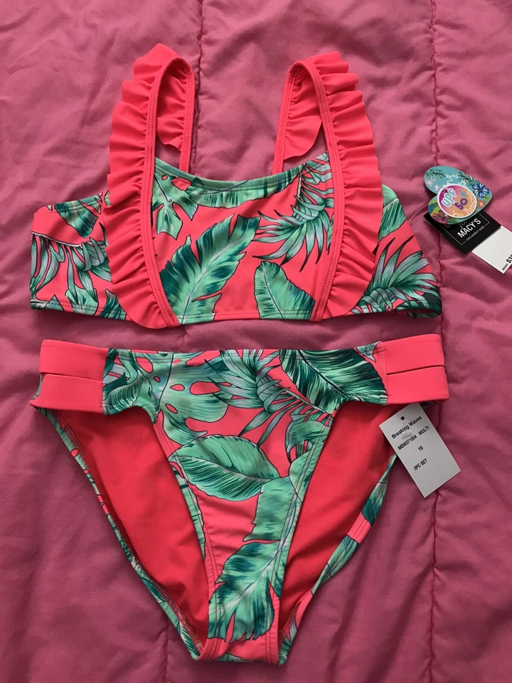 NUEVO CON ETIQUETAS Talla 16 Niña Traje de Baño Bikini Naranja Verde Bikini Pieza Rompiendo Olas Foto 3 de 4