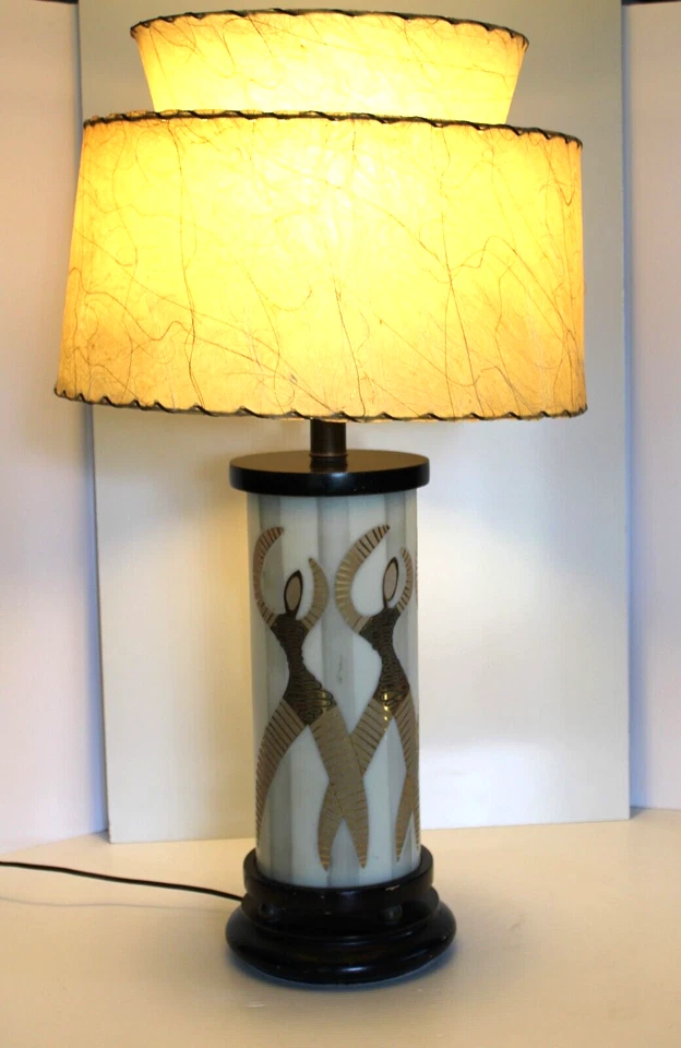 Mid Century Glass Lamp With Dancers And Shade Wooden Base - Image 2 of 4