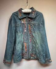 Chico's Women Denim Zip-Front Jacket Embroidered Lightweight Pockets Size 2 Blue