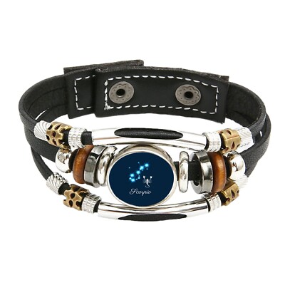 Skorpion Sternzeichen Sternbild schwarzes Lederarmband und Samt Geschenktüte