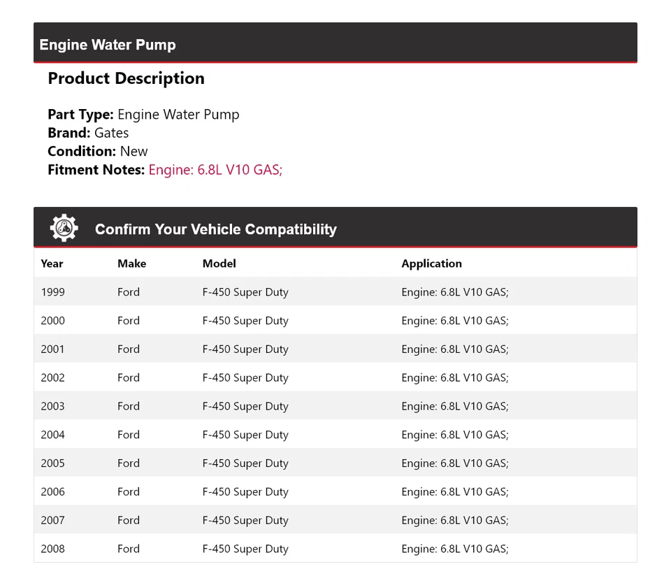 For 1999-2008 Ford F-450 Super Duty 6.8L V10 GAS Engine Water Pump Gates 2000 - Image 2 of 4
