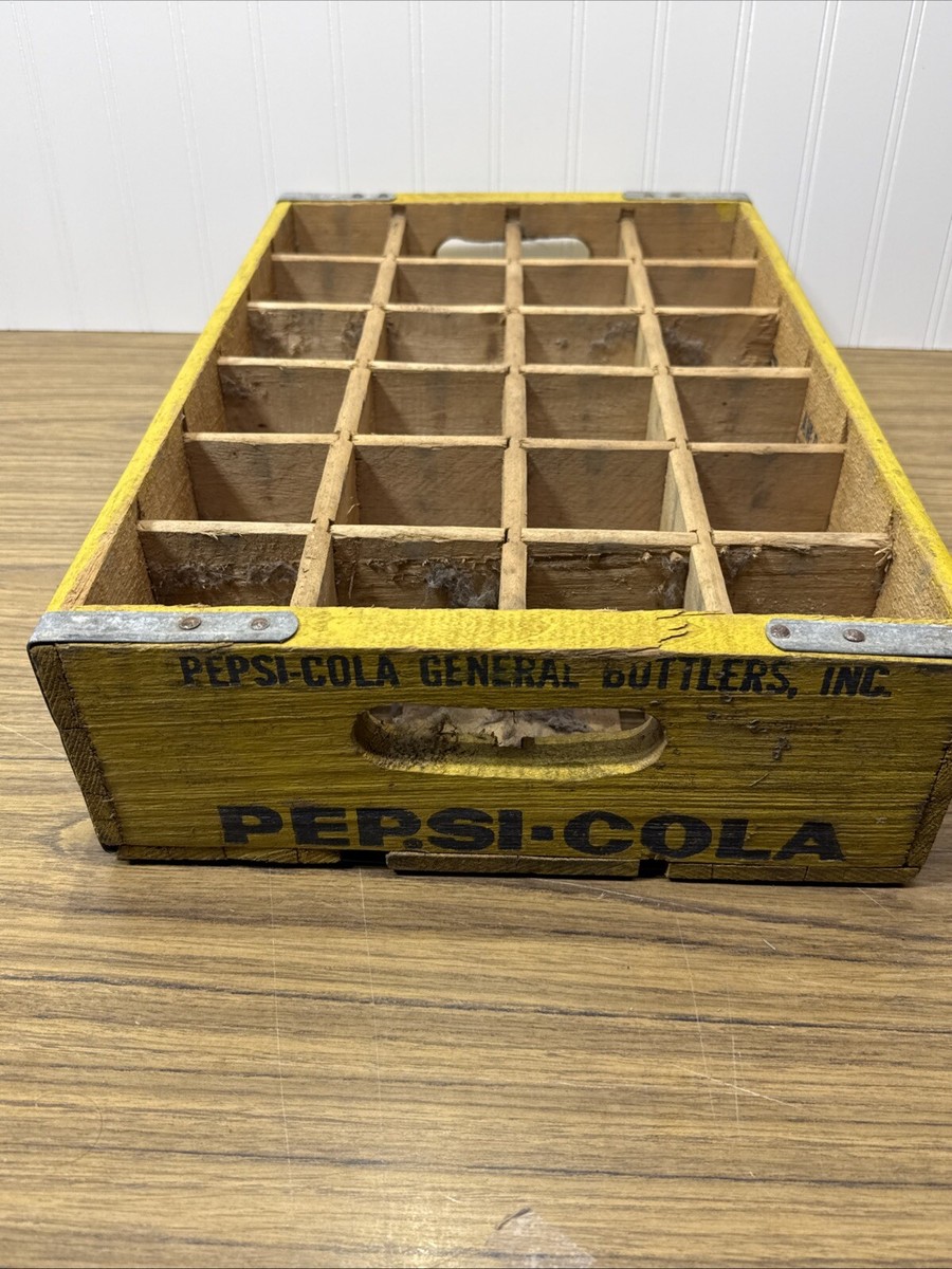 VINTAGE PEPSI Wooden 24 Bottle Crate, YELLOW with BLUE Writing 18