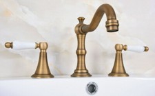 Antique Brass Bathroom Vanity Sink 3-Hole Dual Ceramic Handles Widespread Faucet