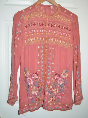 Johnny Was Dover Embroidered Floral Dusty Cedar Top Boho Henley Blouse Small