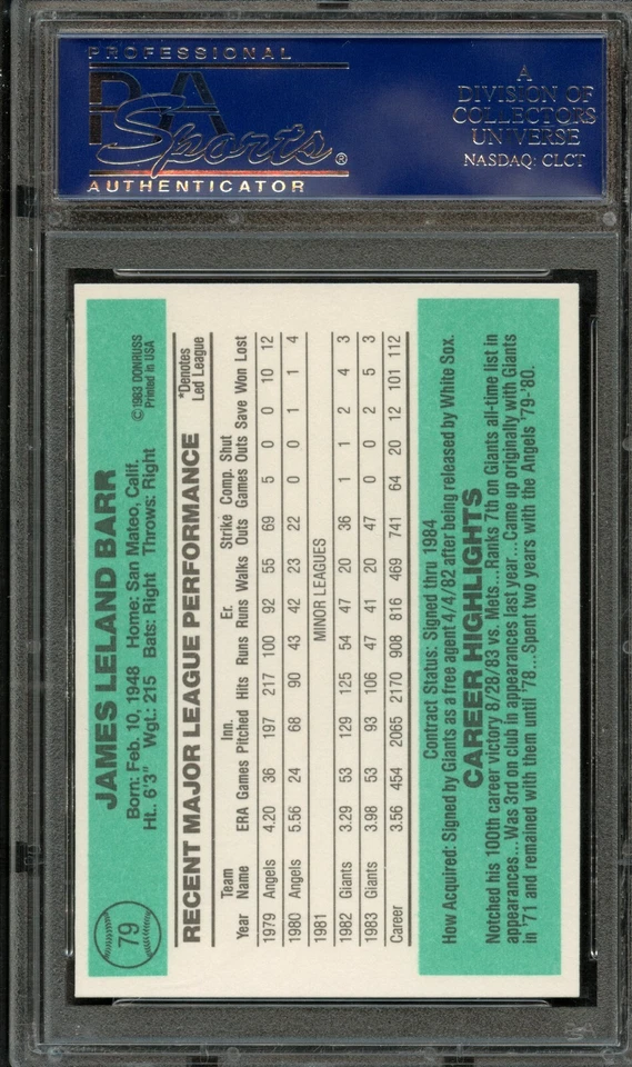 BB - 1984 - Donruss - #79 - Jim Barr - PSA 10 - GEM-MT - Image 2 of 2