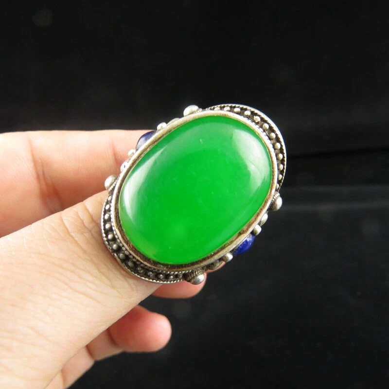China, jade antiguo, plata pura, jade natural, jadeíta, jade, anillo, banzhi Q (263) Foto 4 de 4