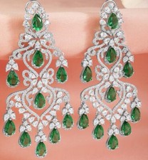 Simulated 18 TCW Pear Emerald Round White CZ Fabulous Bridal Dangle Earrings