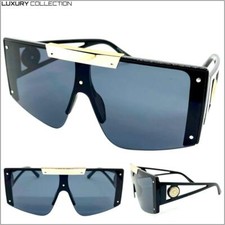 Oversized Contemporary Modern Shield SUN GLASSES Large Big Black Frame Dark Lens