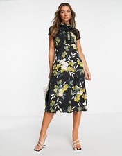 Liquorish A Line Lace Detail Midi Dress Black Floral Size 6