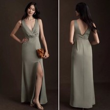 BHLDN Piper Satin Moss Green V Neck Side Slit Dress Size 4 NEW Bridesmaid Formal