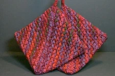 Hand Crocheted Double Thick Hot Pad Pot Holder Pair "Pomegranate" red olive gray