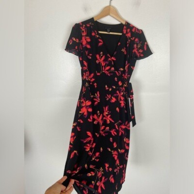 H By Halston Wrap Floral Midi Dress Size 0 Ruffle Short Sleeves Chiffon |  eBay