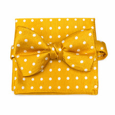 Men's Gold Polka Dot Bow Tie  Pocket Square Set Pre-Tied Adjustable