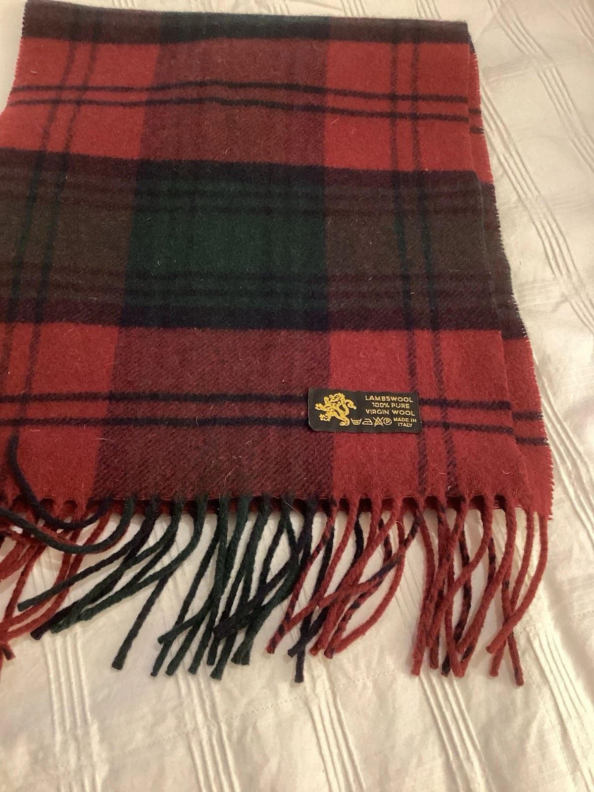 Long Scarf/ Muffler 100% Lambs Wool Maroon Plaid Made In Italy 12x 56”