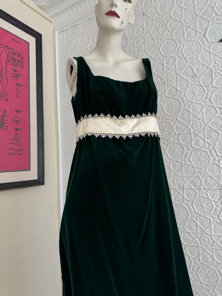 Vestido de terciopelo vintage-años 60-años 70-hecho a mano-verde-estrería-vacaciones-glamour medio Foto 4 de 4