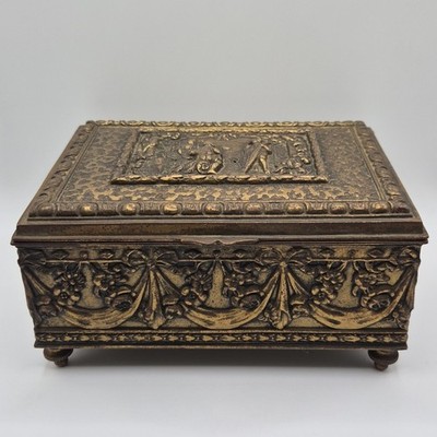 Antique 1800s 1900s Heavy Brass French Box Mahogany Interior Has Feet Intricate 