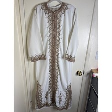 Traditional Moroccan Caftan White and Gold Hand Embroidered Maxi Dress