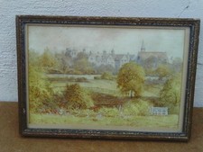 Quadro acquerello con cornice vintage/antico di una casa padronale di campagna, alberi ecc