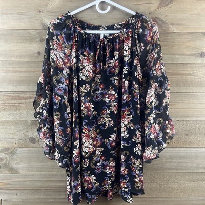 Cato Womens Shirt 3/4 Sleeve Ruffle Floral Sheer Elastic Neckline Size 18 20