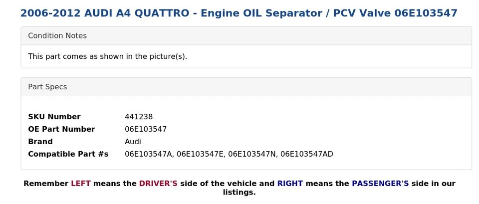 2006-2012 AUDI A4 QUATTRO - Engine OIL Separator / PCV Valve 06E103547 - Image 3 of 4