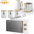 STYLISH White & Gold Microwave 3KW Kettle 2 Slot Toaster & Kitchen Canister Set