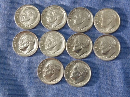 Lot of 10 - 1964 P Roosevelt 90% Silver Dimes - Brilliant Uncirculated