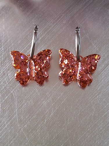 Handmade Salmon Pink Butterflies On Surgical Steel Hoops - Picture 1 of 3