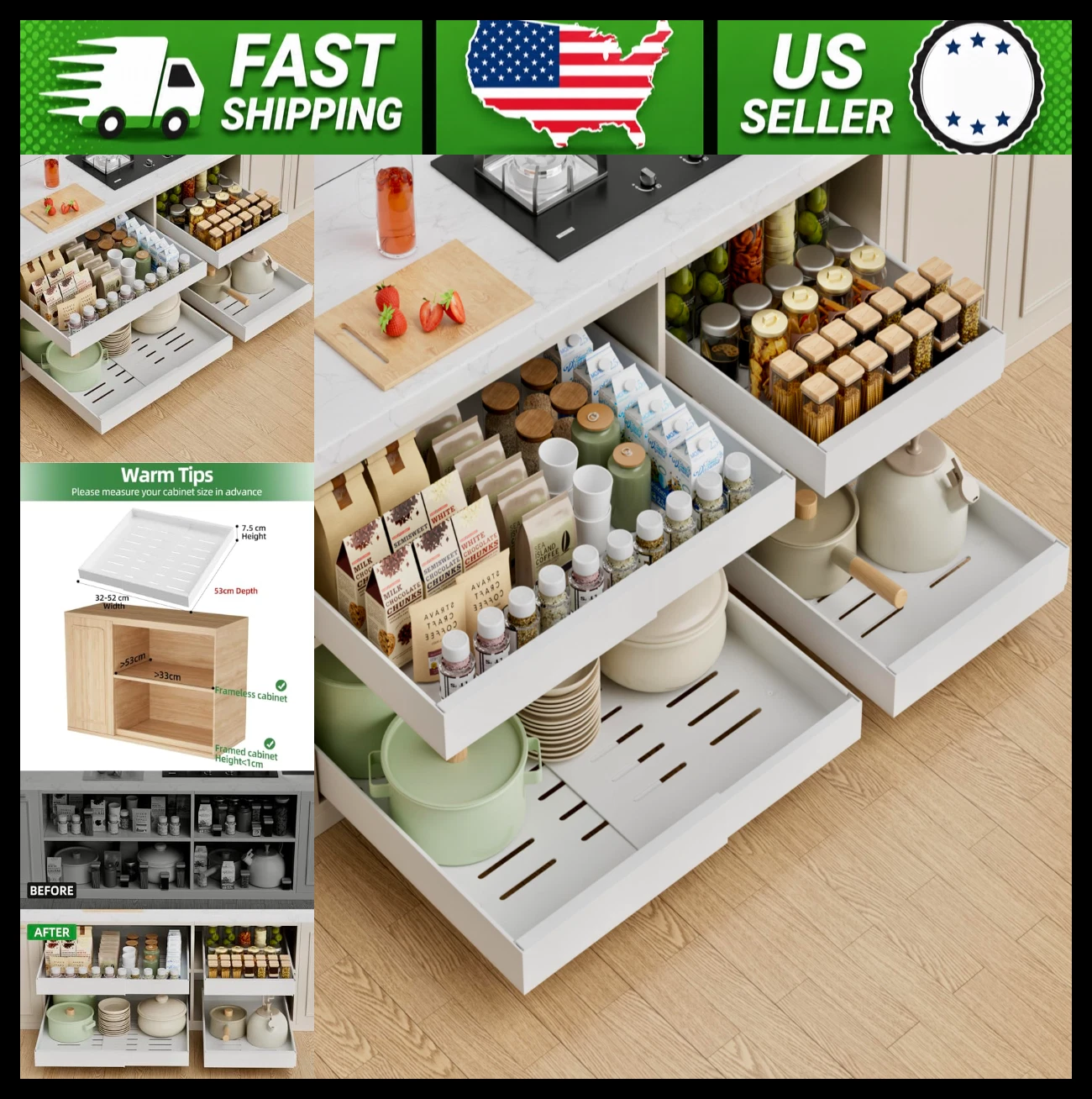 PAKETA 4 Pack Pull Out Cabinet Organizer Sliding Drawers for Kitchen, White