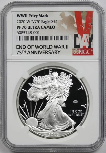 2020-W V75 Silver Eagle $1 NGC PF70 Ultra Cameo WWII Privy Mark 75th Anniversary