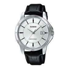 Casio Men s Silver Analog Watch with Black Leather Strap MTP-V004L-7A