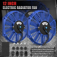 2X UNIVERSAL SLIM 12"PULL/PUSH RADIATOR ENGINE BAY COOLING FAN+MOUNTING KIT BLUE