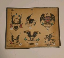 Rare Vintage 1960s Traditional Huck Spaulding Tattoo Shop Flash Sheet Hand Color