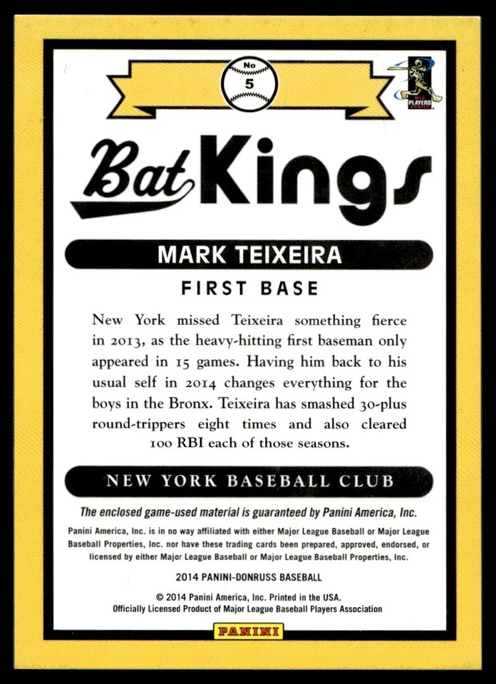 2014 Donruss Bat Kings Mark Teixeira New York Yankees #5 - Image 2 of 2