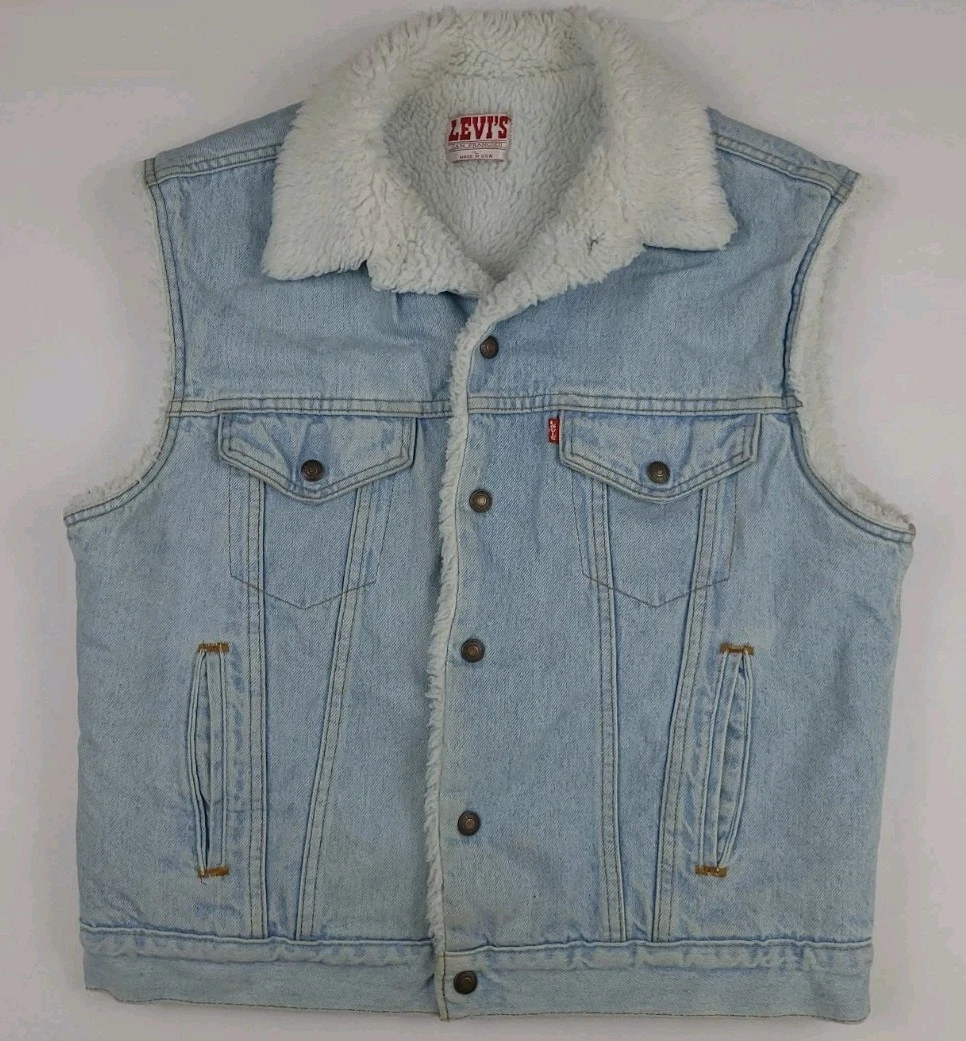 Vintage 80s Levi's Denim Blue Jean Sherpa Lined Vest Jacket Rare USA Made Worn