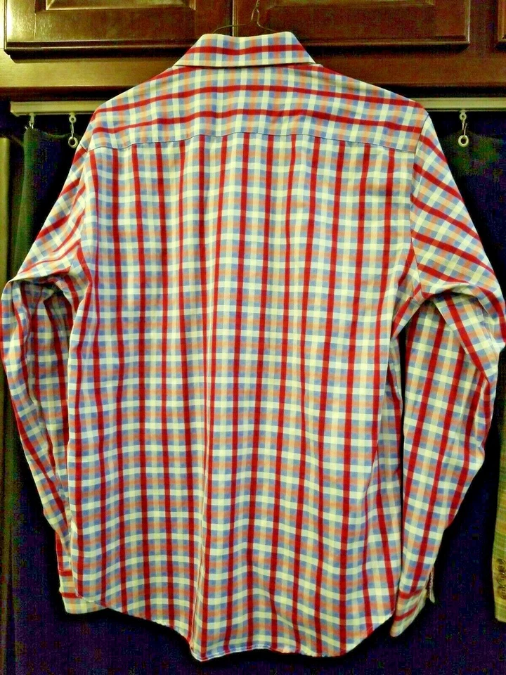 Egara Hombres Botón Delantero Puño Abatible Manga Larga Cuadros Rojo Blanco Azul Grande Delgado Foto 4 de 4