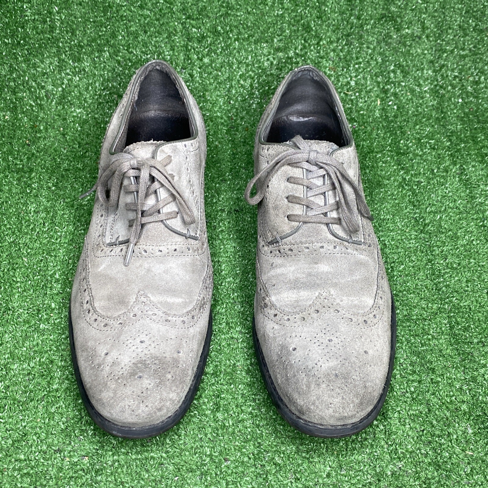 SAOLA Scarpa elegante derby John Varvatos uomo taglia 10 M grigia pelle scamosciata punta alare stringata